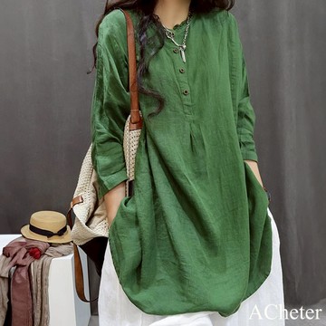 【ACheter】復古亞麻感寬鬆襯衫做舊純色七分袖休閒娃娃衫防曬長版上衣# 122231(現貨+預購)