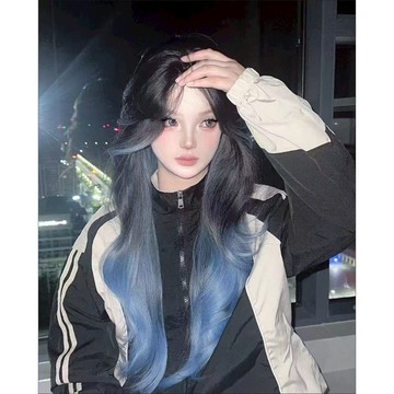 【現貨】Lolita仿真發漸變藍色 假髮女蝴蝶藍巴黎畫染漸變氛圍感長卷發八字劉海仿真發全頭套新款