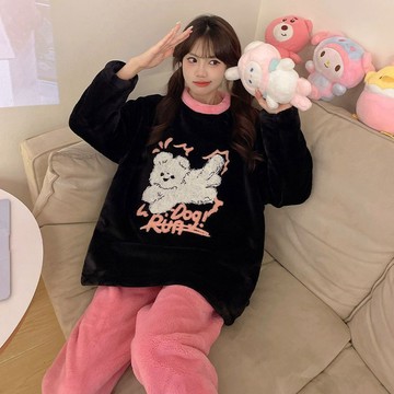法蘭絨睡衣女 秋冬款家居服 長袖長褲睡衣 可愛卡通家居服 小狗甜酷家居服 多巴胺可外穿家居服 睡衣女家居睡衣女