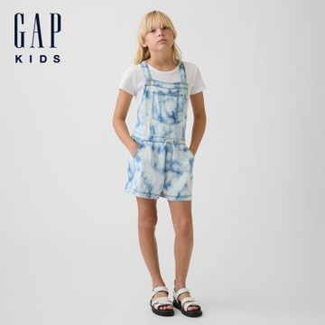 【GAP】兒童紮染寬鬆牛仔背帶短褲-紮染(898860)