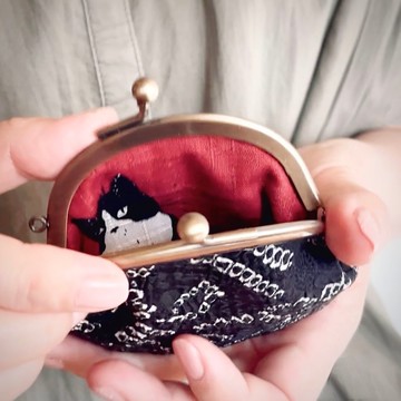 即將完售*墨星/零錢包S 京都匠人【高級和服紬】紅黑絕配內有肥貓