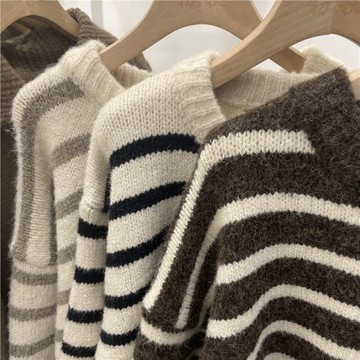 慵懶風日系條紋軟糯寬松顯瘦加厚圓領毛衣女秋冬新款內搭針織上衣
