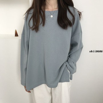 S-2XL 秋季素色長袖T恤女韓版寬鬆原宿慵懶風薄款ins上衣秋衣打底衫 大尺碼 大尺碼上衣 長袖T恤 韓版上衣 vk