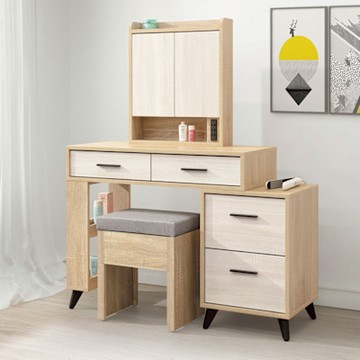 文創集 維卡亞3尺可伸縮開合式鏡台組合(二色可選＋含化妝椅)-90x40x138cm免組