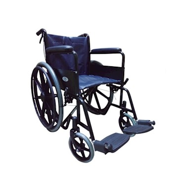 【輪椅】鐵製46公分座寬 固定手腳雙剎車輪椅A款 固定手、雙剎車、鐵製輪椅、藍色坐墊、大輪輪椅、安全剎車、鋼製、合成皮、背可折