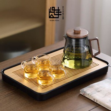 賢豐耐熱玻璃茶壺胡桃木高檔泡茶壺可明火茶壺家用辦公壺茶壺套裝