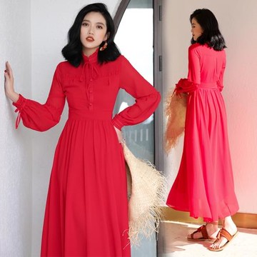 旅游度假沙灘裙波西米亞時尚氣質紅色連衣裙女草原沙漠拍照長裙子