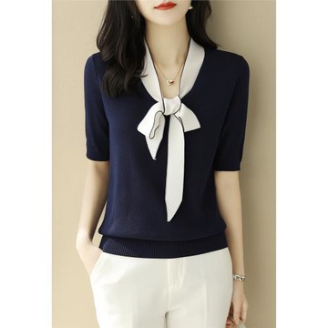 v領拼色蝴蝶結中袖針織衫女裝秋季2025新款寬松正肩五分袖上衣薄