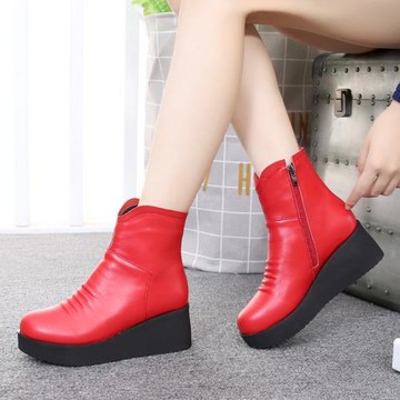 2025新款松糕底真皮短靴女厚底坡跟馬丁靴冬季加絨棉鞋紅色女靴子