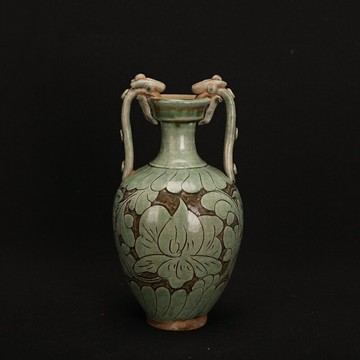 宋代磁州窯綠釉刻花雙龍尊瓶古玩古董發瓷器舊貨老物件收藏仿古瓷