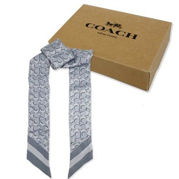 【COACH】C LOGO 100%蠶絲領帶長型絲巾領巾髮帶禮盒(藍)