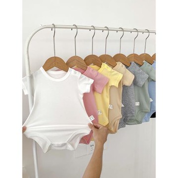 ins韓版嬰兒衣服夏裝 男女寶寶純色哈衣短袖包屁衣純棉薄款連體衣