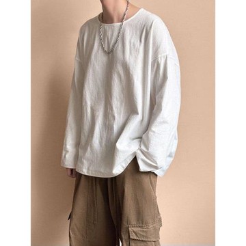 亞麻白t恤男短袖潮牌體恤慵懶風衣服寬松大領口半袖棉麻日系上衣