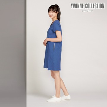 YVONNE 以旺傢飾 結粒紗網印短袖洋裝-深藍