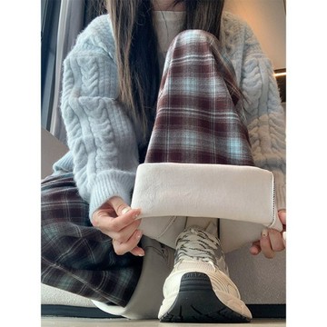 復古格高腰抽繩寬褲女2024秋冬加絨寬鬆顯瘦時尚直筒休閒長褲