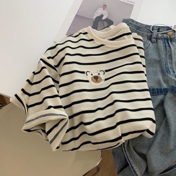 300斤大碼胖MM美式復古條紋正肩短袖t恤女夏季學生刺繡港風上衣潮