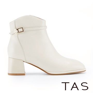TAS 質感方釦真皮中跟短靴 米白 #45808