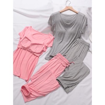 莫代爾帶胸墊睡衣女2025新款夏季薄兩件套家居服休閑闊腿外穿春天