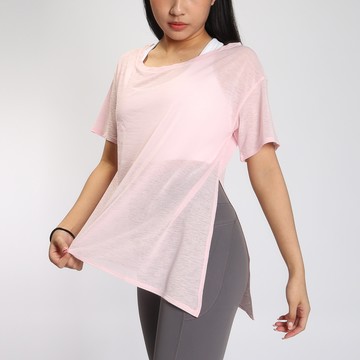 竹節紗寬鬆側開叉瑜珈/運動/機能短袖*