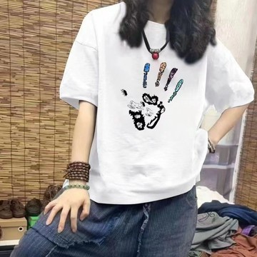 台灣现貨【甜心T恤】純棉短袖T恤女 夏季短袖 韓版上衣 文藝印花手掌女士上衣 休閒寬鬆半袖T恤女 圓領上衣 短袖上衣女