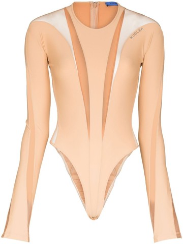 Mugler - panelled long-sleeve sheer bodysuit - women - Cotton/Polyamide/Spandex/Elastane - 42 - Neutrals