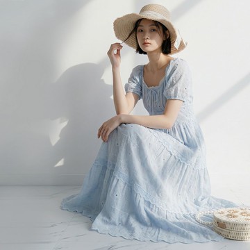 ★泡泡袖燒花刺繡蕾絲滾邊長洋裝(共2色)0707 預購【NS1455】