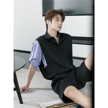 CHICERRO西西里男裝夏季新款假兩件男士休閑短袖襯衫上衣潮流外套