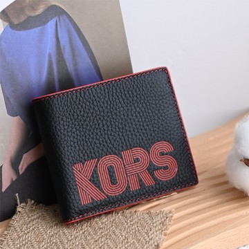 MICHAEL KORS COOPER 線條文字對折8卡短夾.黑/紅