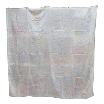 HERMES 愛馬仕 米白色 絲綢 羊絨 Le Monde d Hermes 披肩 140x140 【二手名牌BRAND OFF】