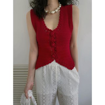 TOP家 愜意度夏 法式復古粗線針織安可拉紅/靜謐白/奶油黃馬甲夏