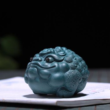 宜興原礦紫砂綠泥茶寵茶道擺件招財金蟾雕塑蟾蜍茶玩茶臺茶具禮品