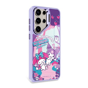 三麗鷗S25/S24/S23 軍規防摔合金框隱形立架手機殼-森林美樂蒂-紫