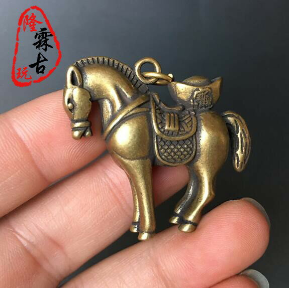古玩古董雜項老黃銅生肖馬鑰匙扣掛件仿古老銅器黃銅馬上元寶擺件推薦