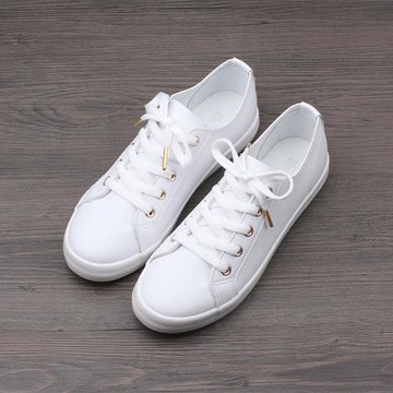 皮面小白鞋女顯腳瘦系帶帆布鞋女韓版休閑鞋百搭透氣平底學生板鞋