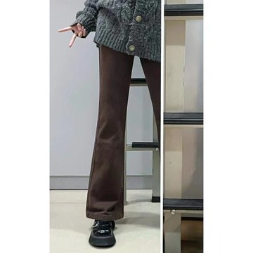 咖啡色高腰微喇叭牛仔褲女秋冬加絨大碼顯瘦彈力遮胯直筒闊腿長褲