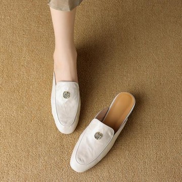 懶人軟皮外穿山茶花平底半拖鞋