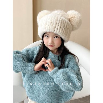 秋冬兒童皮草帽子水貂毛編織狐貍毛球羊絨加厚保暖護耳可愛毛線帽