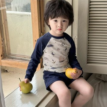 男童泳衣連體中小童洋氣撞色防曬泳裝寶寶度假兒童長袖分體游泳衣