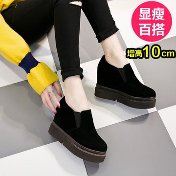 春秋季黑色10cm內增高休閑女單鞋一腳蹬樂福鞋厚底坡跟松糕懶人鞋