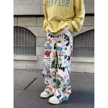 2024美式復古手繪彩色涂鴉直筒休閑褲男女款百搭闊腿工裝褲ins