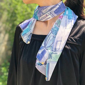 Ballett 俏皮街景圖案印花可愛雪紡迷你絲巾 藍色 日本製 可居家水洗