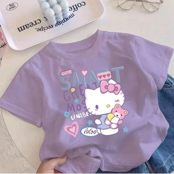 【臺灣-出貨】女童kitty貓夏季T恤短袖卡通夏裝兒童-新款中大童半袖上衣