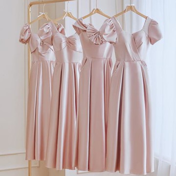 粉色伴娘服女2025年新款冬季婚禮姐妹團禮服裙小個子緞面高級小眾