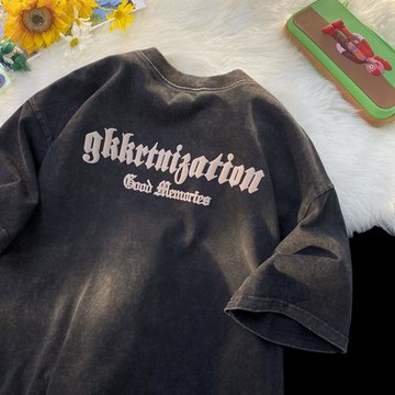 男生短袖夏季薄款透氣重磅蠟染五分袖t恤港風寬松上衣古著衣服潮