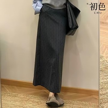 初色 通勤風條紋愛心波點鬆緊腰修身顯瘦直筒裙長裙半身裙-灰色-16382(M-XL可選)