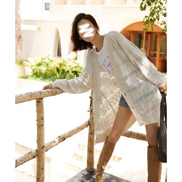 單一色❤️追【JinG】波西米亞🌼雕花鏤空泡泡袖中長版罩衫♥️薄外套 開襟罩衫 防曬外套 針織罩衫 長袖外套