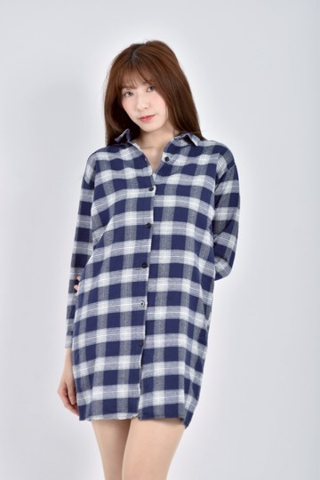 (L) stuoner質感長袖排扣格紋藍色洋裝