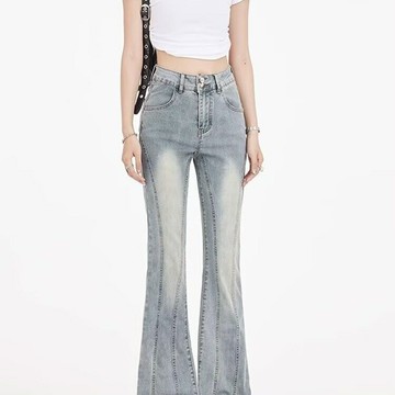 胖妹妹百搭微喇叭牛仔褲女大碼春秋學生高腰美式復古淺色拖地褲冬鑫弘-素時衣櫥