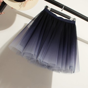 網紗褶皺仙女裙 漸變色 短裙 高腰 螺紋 a字裙 蓬蓬 性感半身裙 大擺 小清新裙子 2021夏季  新款 摩天大樓