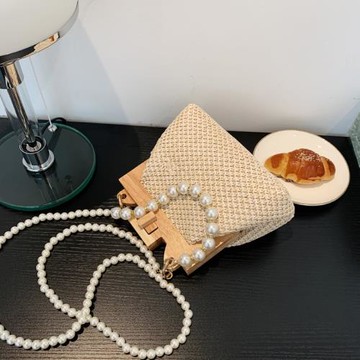 爆款珍珠手提包包女2024新款夏時尚單肩草編夾口包斜挎鏈條編織包